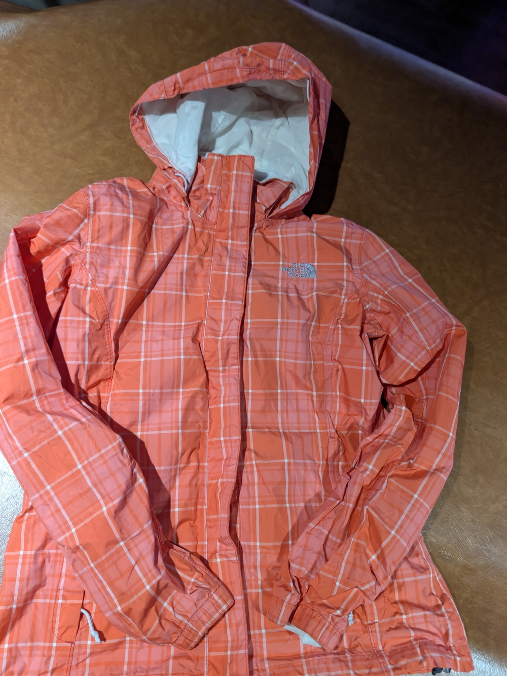 The North Face Women's Novelty Resolve Hyvent Rain Jacket Plaid Coral Orange Med